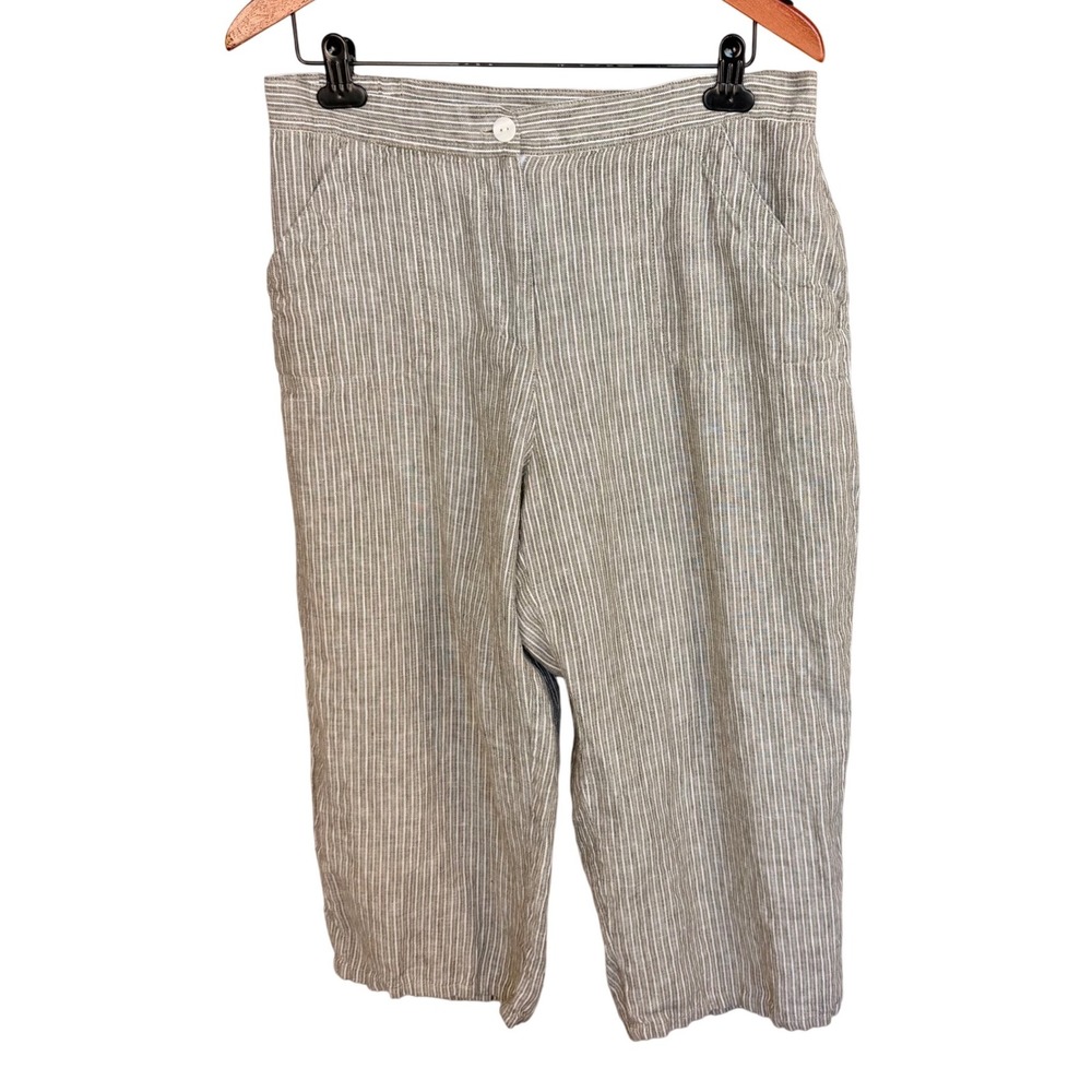 Chico's Linen Striped Cropped Pants Tan White Wide Leg Coastal Size 2.5 14 L